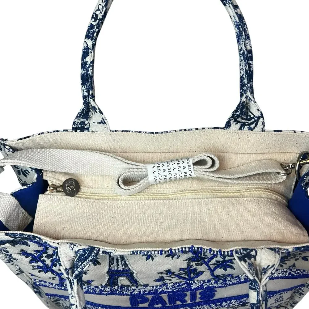 NWT America & Beyond Beaded Brocade Paris Tote Bag Blue Floral